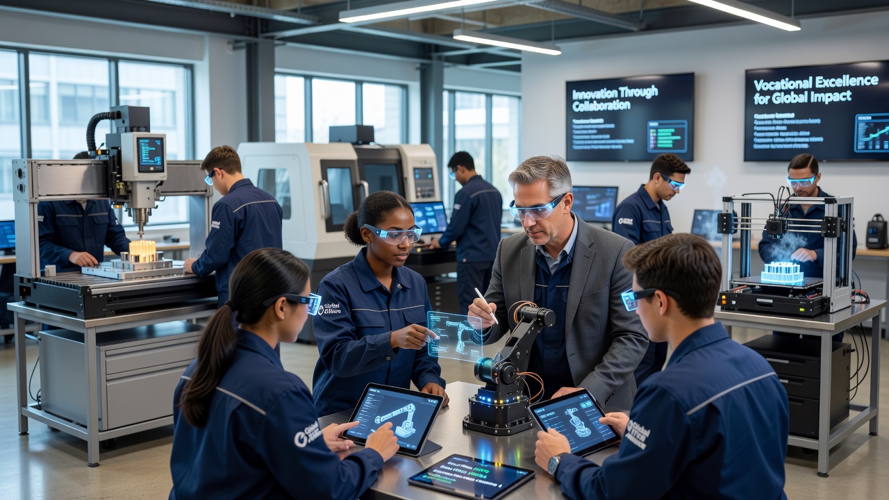 Global learners collaborating through mentorship platforms with AI support in STEM vocational training